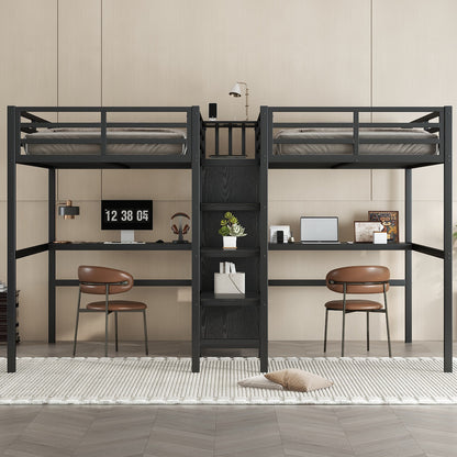 Twin Over Twin Metal Loft Bed with Double Desk and Wardrobe and Shelves with Electrical Outlet for Space Saving and Noise Reduction,Black image 2