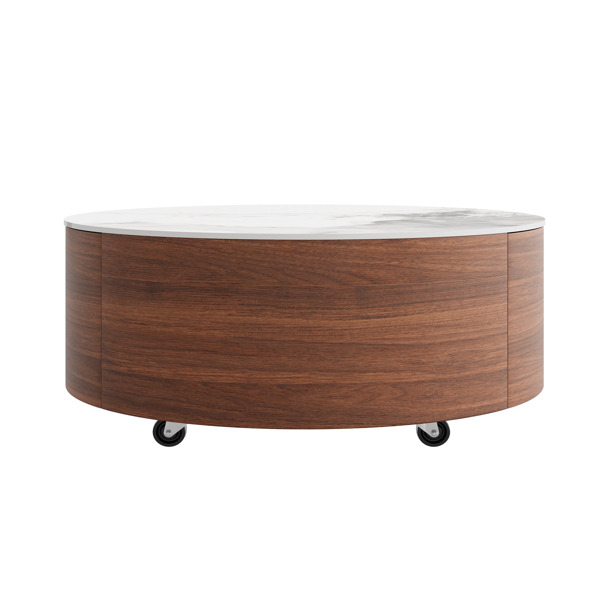 Modern Round Movable Coffee Table with Casters, 2 Drawers, Marble Pattern Sintered Stone Top, Walnut, 29.5" image 9