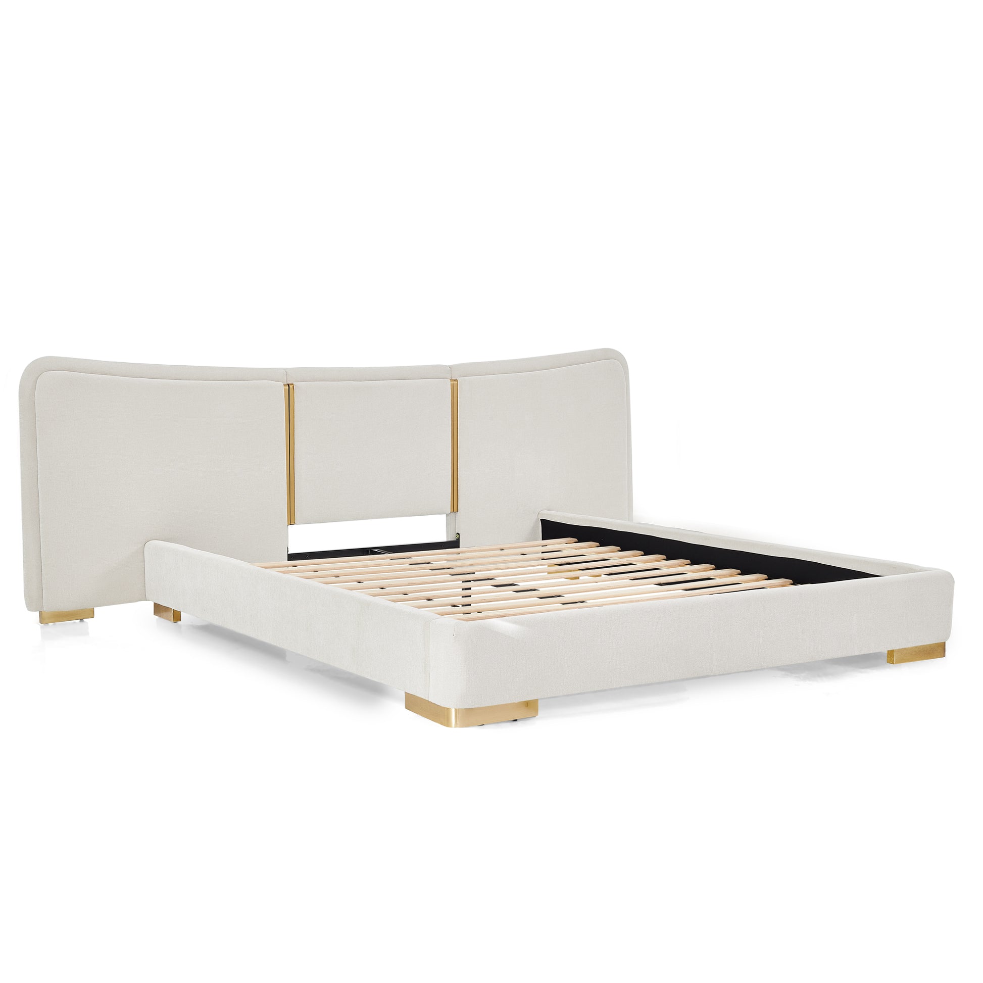 Queen Size Extra Large Platform Bed, Soft Chenille Fabric Frame, Curved Headboard, Reinforced Electroplated Metal Legs, Flexible DIY Side Space Design-Beige image 7