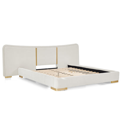 Queen Size Extra Large Platform Bed, Soft Chenille Fabric Frame, Curved Headboard, Reinforced Electroplated Metal Legs, Flexible DIY Side Space Design-Beige image 7
