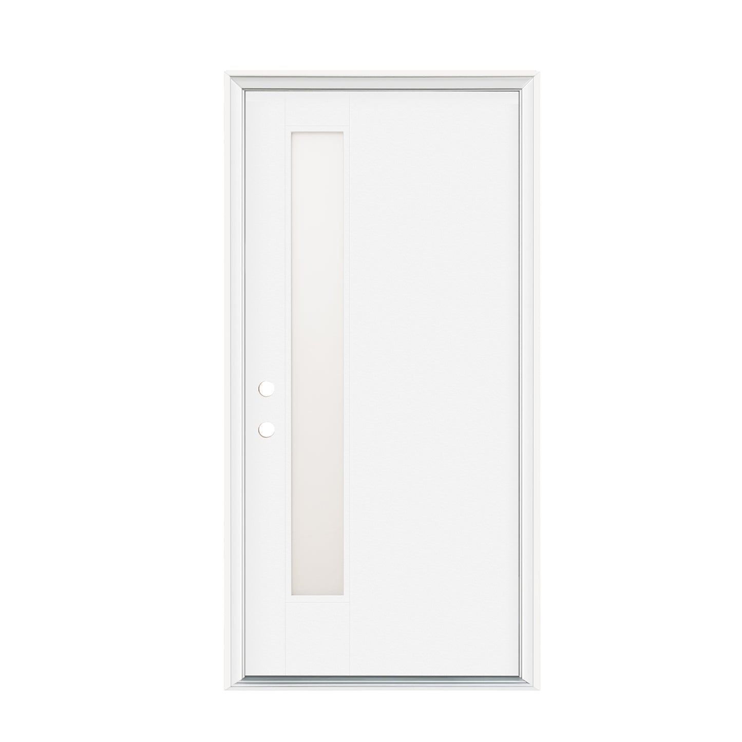 36"x80" Fiberglass Front Door with White 4-9/16" PVC Frame,Right-Hand Inswing Exterior Door with Brickmould,Contemporary minimalist smooth skin with frosted glass for Home Entrance,White image 3