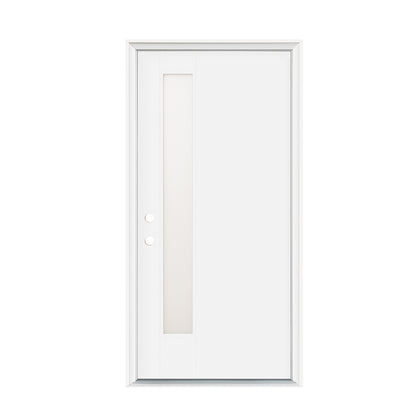 36"x80" Fiberglass Front Door with White 4-9/16" PVC Frame,Right-Hand Inswing Exterior Door with Brickmould,Contemporary minimalist smooth skin with frosted glass for Home Entrance,White image 3