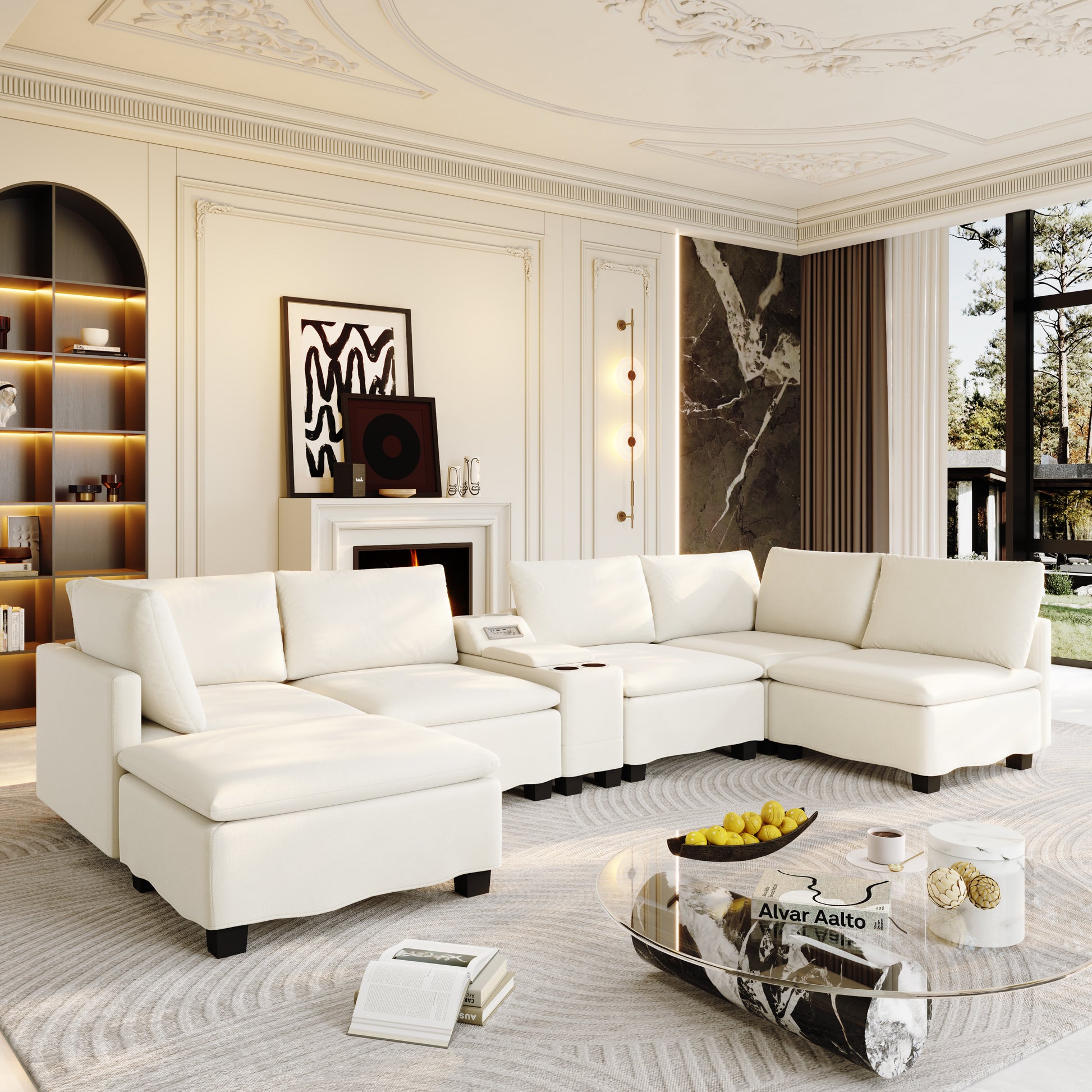 121.2" Modular U-Shaped Cloud Sectional Sofa with Movable Ottoman, Chenille Convertible Sofa Bed with Hidden Storage&USB Ports&Cup Holders&Bluetooth Speaker for Living Room, Apartments, Beige/White image 12