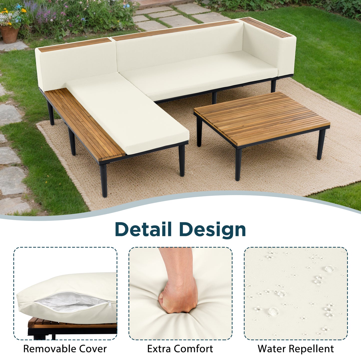 <Old SKU: N704G201251A>Luxury Patio Furniture Set with Removable Cushions and Coffee Table, L-Shaped Acacia Wood Sofa with Side table, Outdoor Conversation Sectional Sofa for Backyard, Porch, Beige image 3