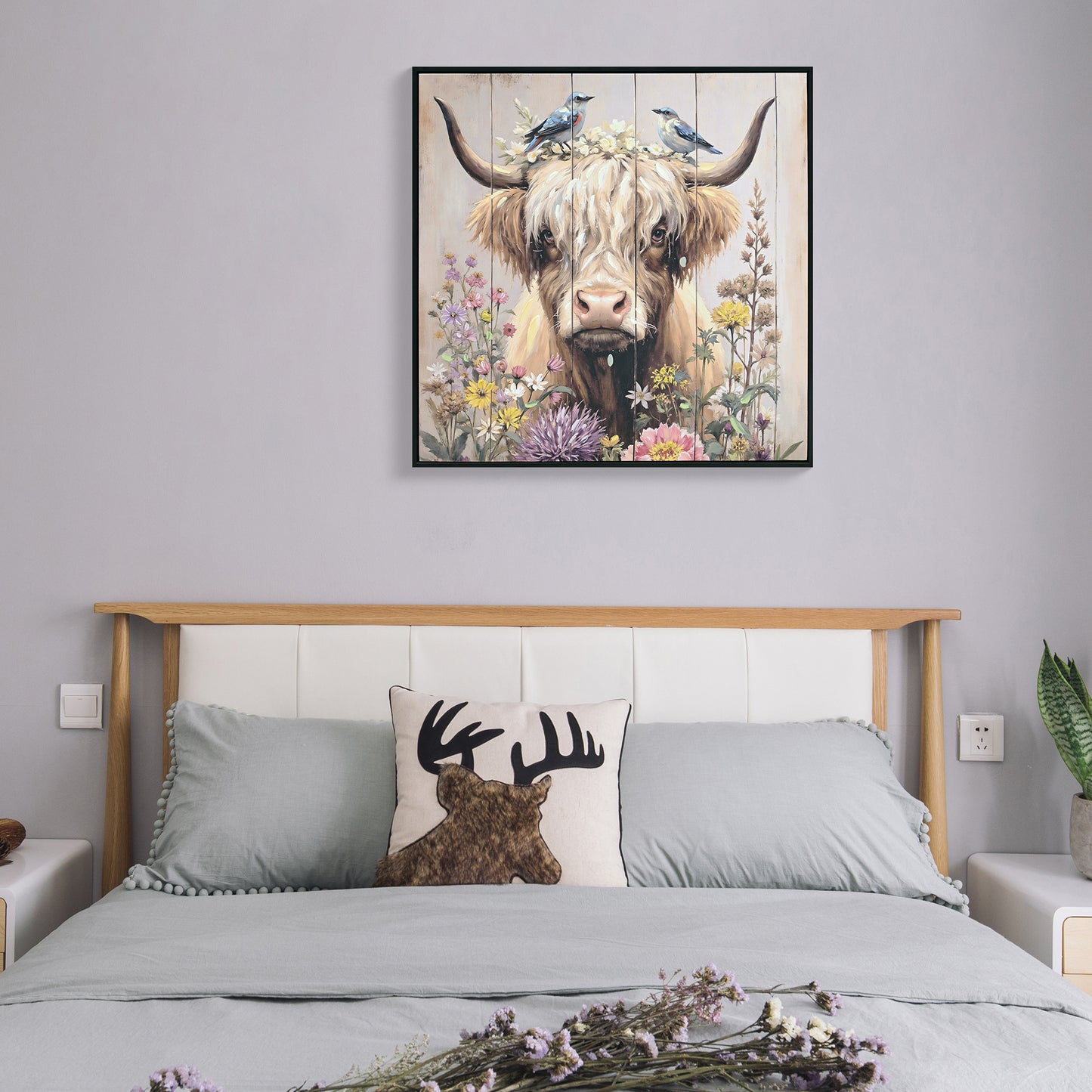 Farmhouse Highland Cow Wall Decor in Neutral colour: Rustic Cow and Chrysanthemum picture Canvas Art Print, Gift for Bathroom or Kitchen, Ideal Animal Artwork for Living Room 24*24INCH image 7
