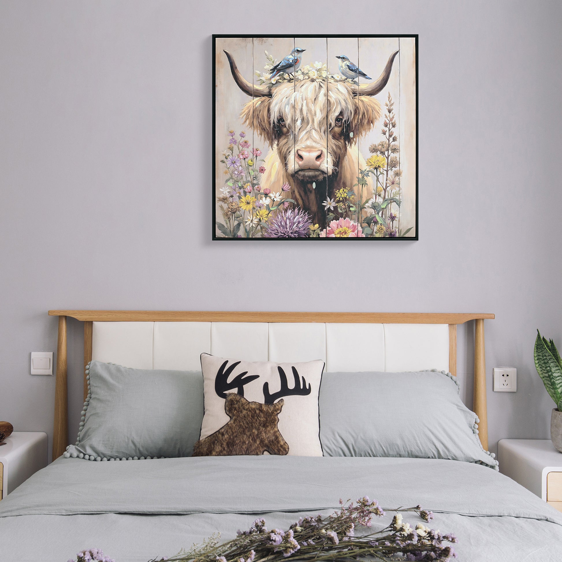 Farmhouse Highland Cow Wall Decor in Neutral colour: Rustic Cow and Chrysanthemum picture Canvas Art Print, Gift for Bathroom or Kitchen, Ideal Animal Artwork for Living Room 24*24INCH image 7