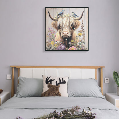 Farmhouse Highland Cow Wall Decor in Neutral colour: Rustic Cow and Chrysanthemum picture Canvas Art Print, Gift for Bathroom or Kitchen, Ideal Animal Artwork for Living Room 24*24INCH image 7