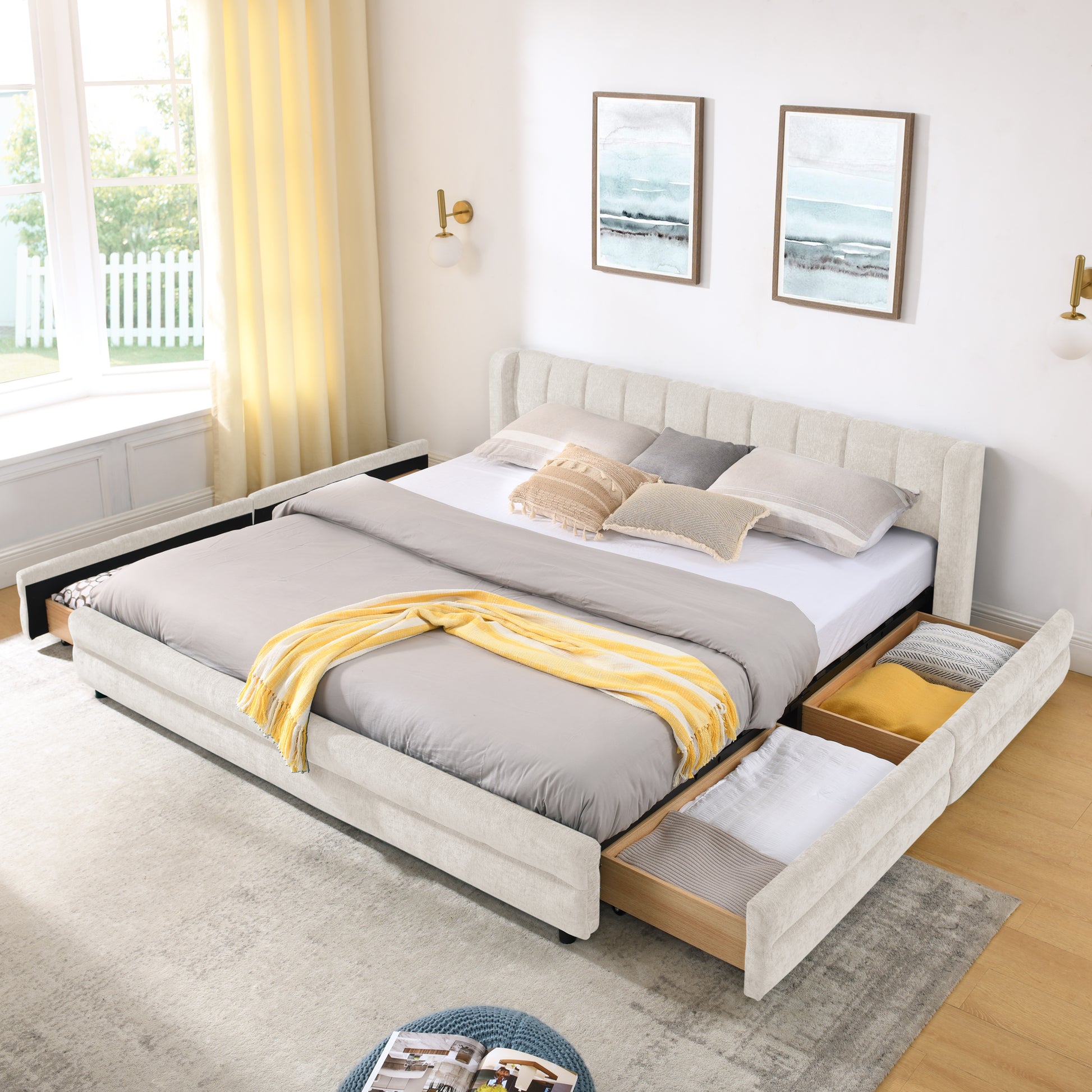 King Size Upholstered Bed Frame with Thick Fabric, comfortable upholstered bed frame, Chenille fabric, with headboard and solid bed frame. With drawer for storage-Beige(86.5''*84''*29.5'') image 4