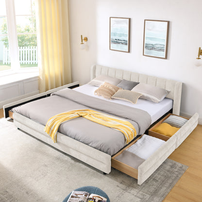 King Size Upholstered Bed Frame with Thick Fabric, comfortable upholstered bed frame, Chenille fabric, with headboard and solid bed frame. With drawer for storage-Beige(86.5''*84''*29.5'') image 4