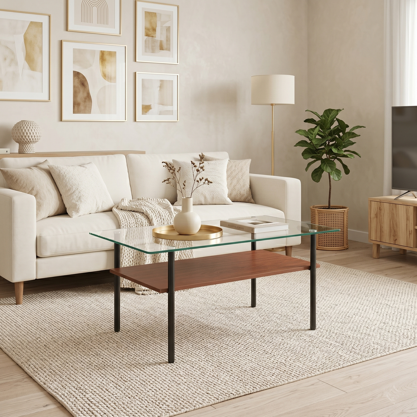 Modern glass coffee table for living room, rectangular tempered glass top, black metal legs with wooden shelf. Easy to clean, stylish center table 38.6 × 22.8 × 17.7 inches image 5