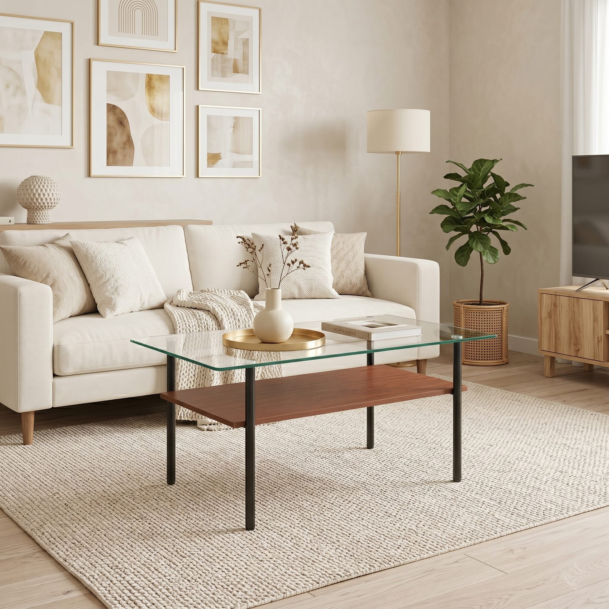 Modern glass coffee table for living room, rectangular tempered glass top, black metal legs with wooden shelf. Easy to clean, stylish center table 38.6 × 22.8 × 17.7 inches image 5