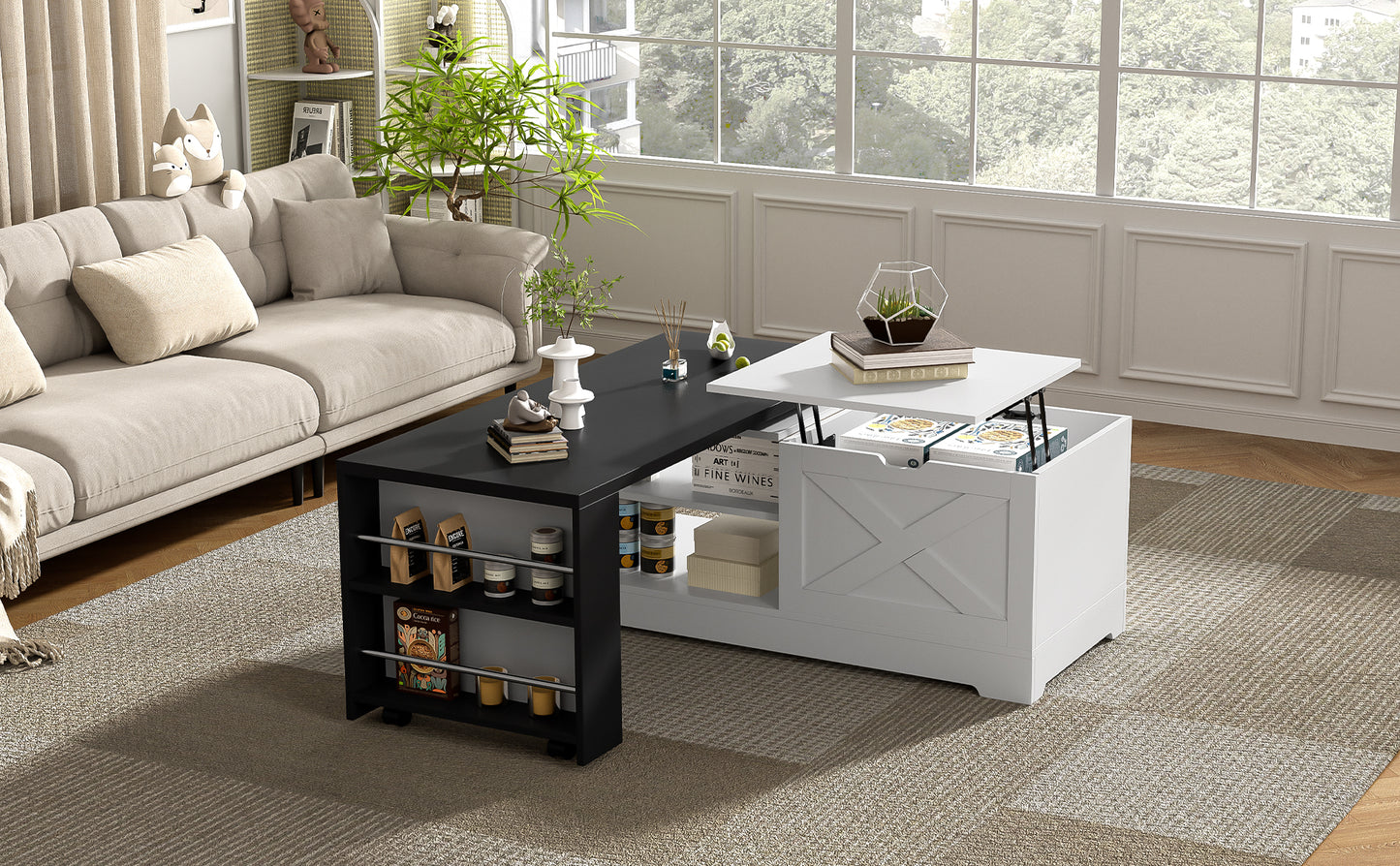 U-Can Farmhouse Lift Top Coffee Table With Barn Doors, Wood Rectangle Center Table With Large Hidden Storage Space And Open Cabinet, For Living Room, Bedroom, Home Office image 5