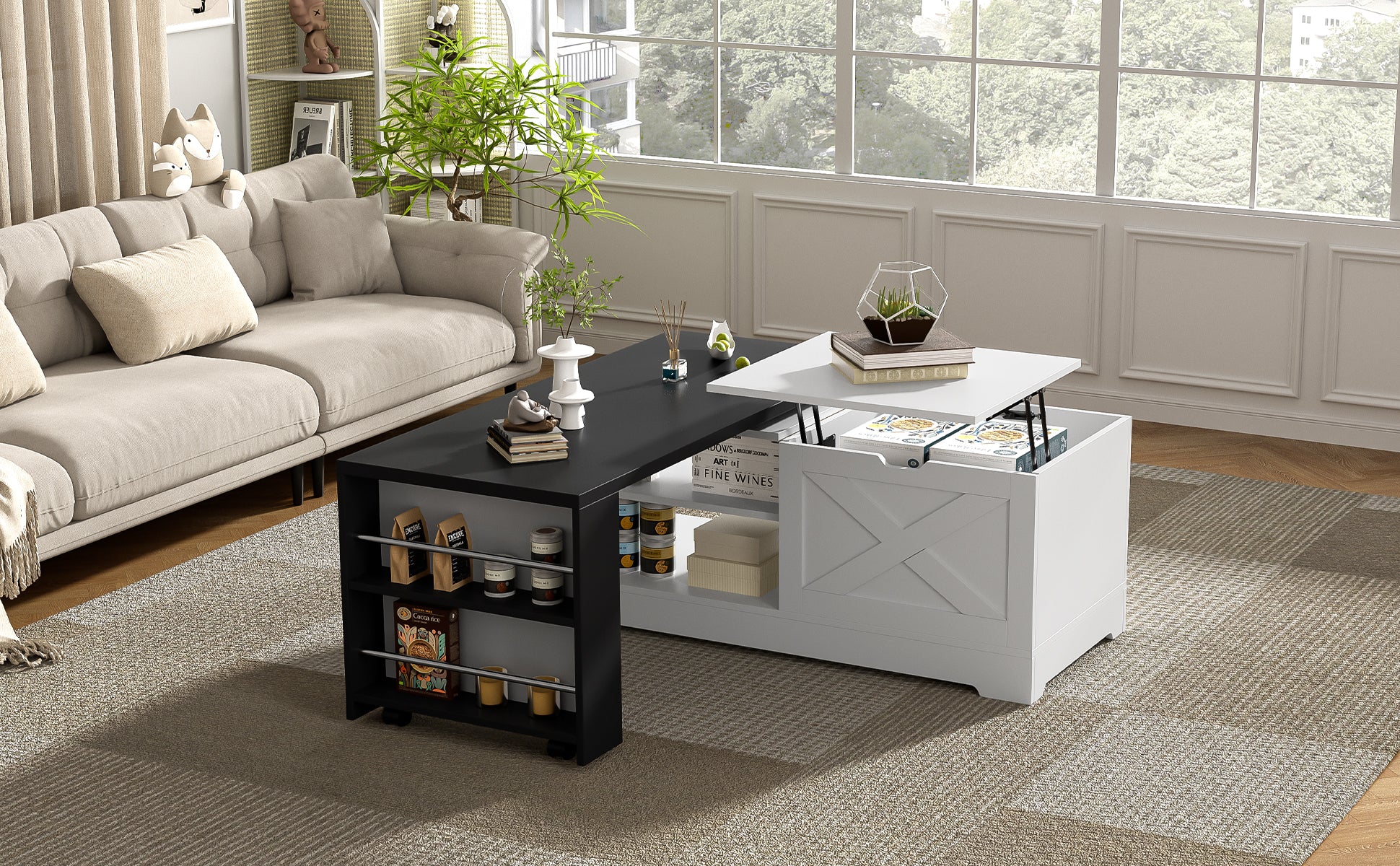 U-Can Farmhouse Lift Top Coffee Table With Barn Doors, Wood Rectangle Center Table With Large Hidden Storage Space And Open Cabinet, For Living Room, Bedroom, Home Office image 5