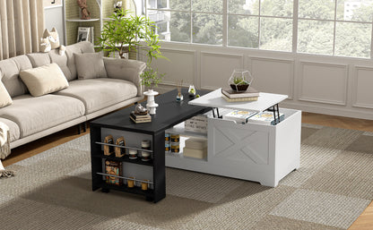 U-Can Farmhouse Lift Top Coffee Table With Barn Doors, Wood Rectangle Center Table With Large Hidden Storage Space And Open Cabinet, For Living Room, Bedroom, Home Office image 5