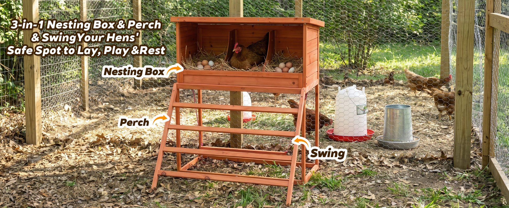 3-in-1 Nesting Boxes for Chickens with Perch and Swing- Wooden Chicken Nesting Box for Poultry 3 Compartments Laying Eggs Nest Box for Chickens, Hens, Ducks image 7