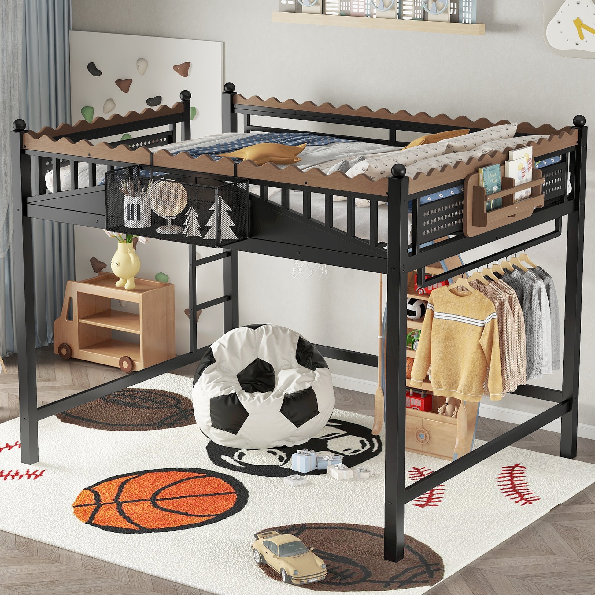 Queen Size Loft Bed with Ladders, Metal Loft Bed with Storage Shelves and bookshelf, No Box Spring Needed and Chic Design, Black image 3