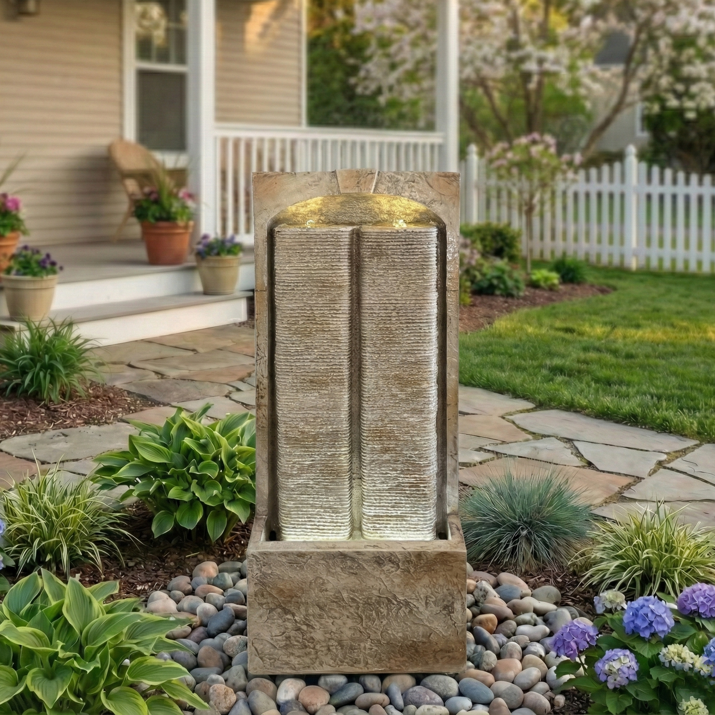 39 Inch Outdoor Water Fountain with Pump, Modern Cascading Freestanding Wall Fountain, Weather-Resistant Garden Water Feature with Warm White LED Lights, Outdoor Waterfall Fountain for Patio Porch Law image 3