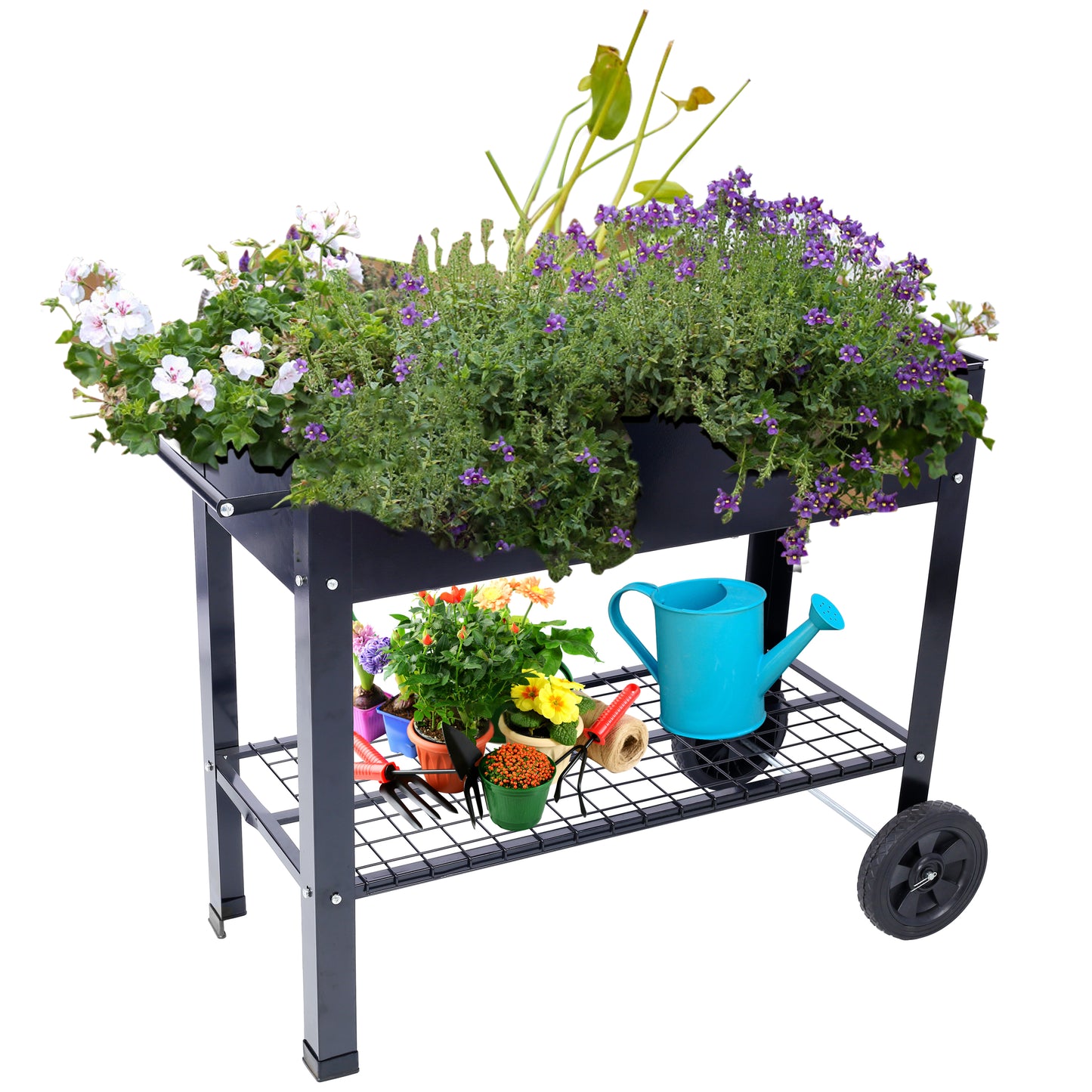 Products Elevated Mobile Raised Ergonomic Metal Planter Garden Bed for Backyard, Patio w/Wheels, Lower Shelf, black image 12