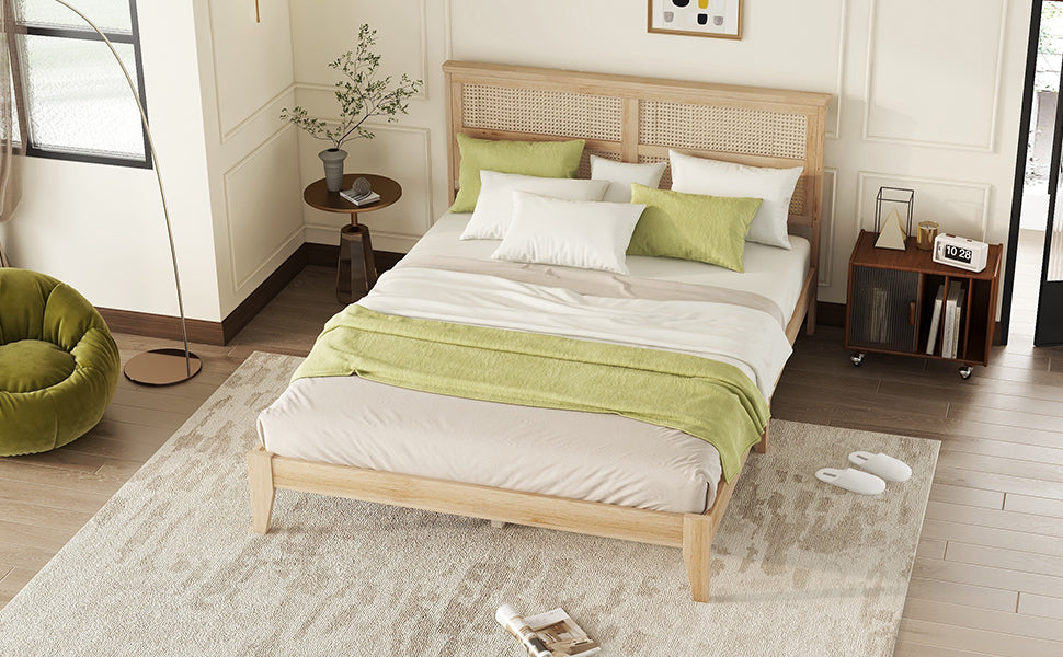 Queen Size Rubber Wooden, Solid Wooden Bed with Rattan Headboard, Enhanced by Support Feet,Natural image 11