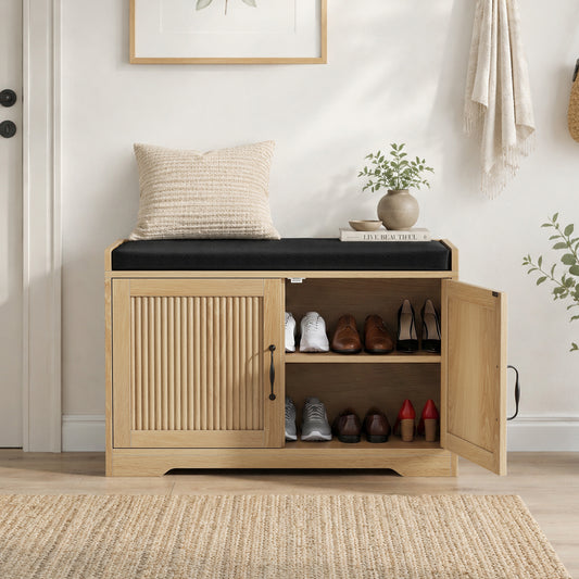 31.5-inch oak-colored entryway shoe bench, entryway storage bench with double doors and comfortable upholstery, suitable for hallway and entrance areas. image 1