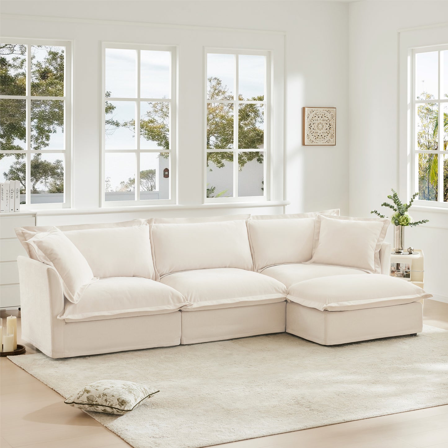 L-Shaped Slipcovered Sectional Sofa Couch, Comfy Chenille Deep Seat Cloud Couch with Convertible Ottoman & 2 Big Pillows, Modern Oversized 3 Seater Slipcovered Sofa Set for Living Room Office, Cream image 3