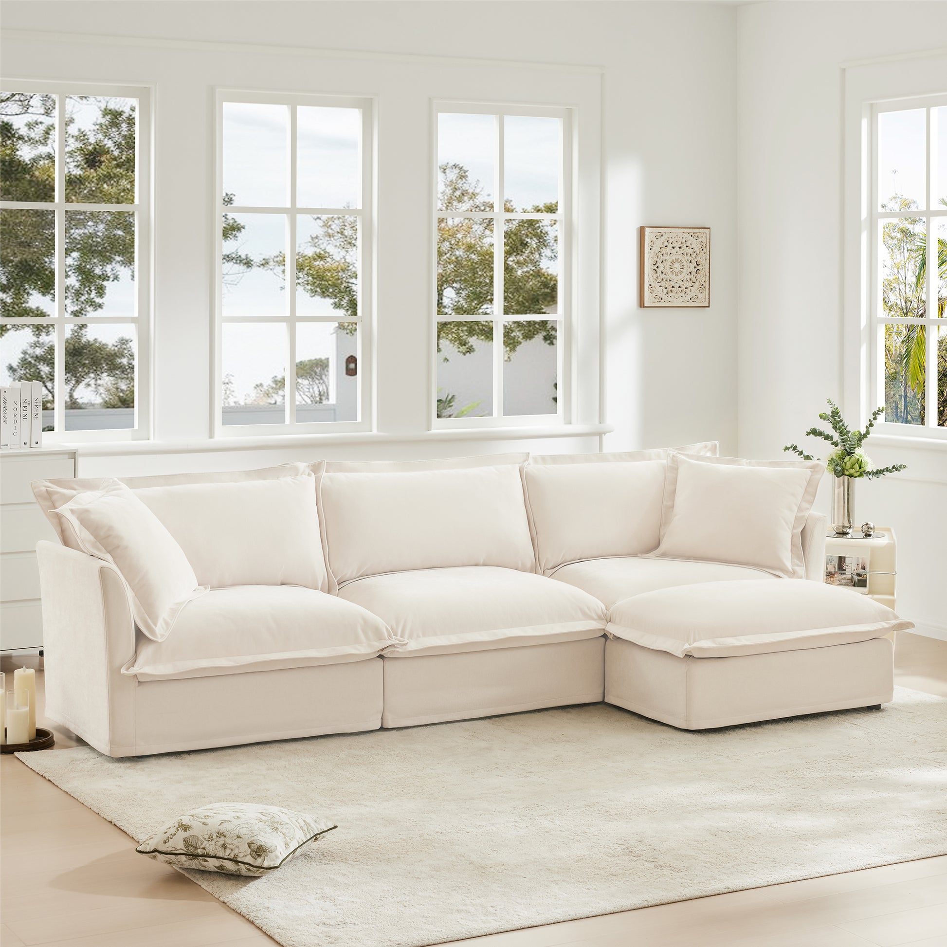 L-Shaped Slipcovered Sectional Sofa Couch, Comfy Chenille Deep Seat Cloud Couch with Convertible Ottoman & 2 Big Pillows, Modern Oversized 3 Seater Slipcovered Sofa Set for Living Room Office, Cream image 3