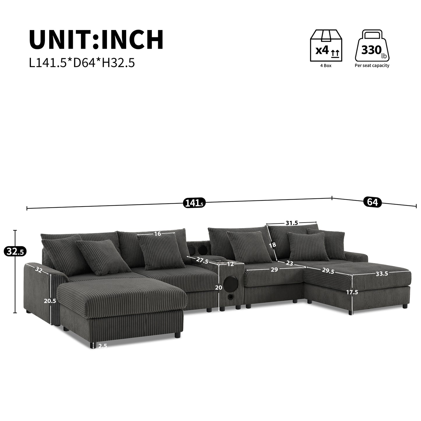 [VIDEO]141.5*64'' Corduroy Sectional Sofa with Bluetooth Speakers, U-Shaped Couch with Console, USB Charger, Cup Holders, Storage, Ottoman, Deep and Wide Seat Cloud Sofa for Living Room&Apartment image 2