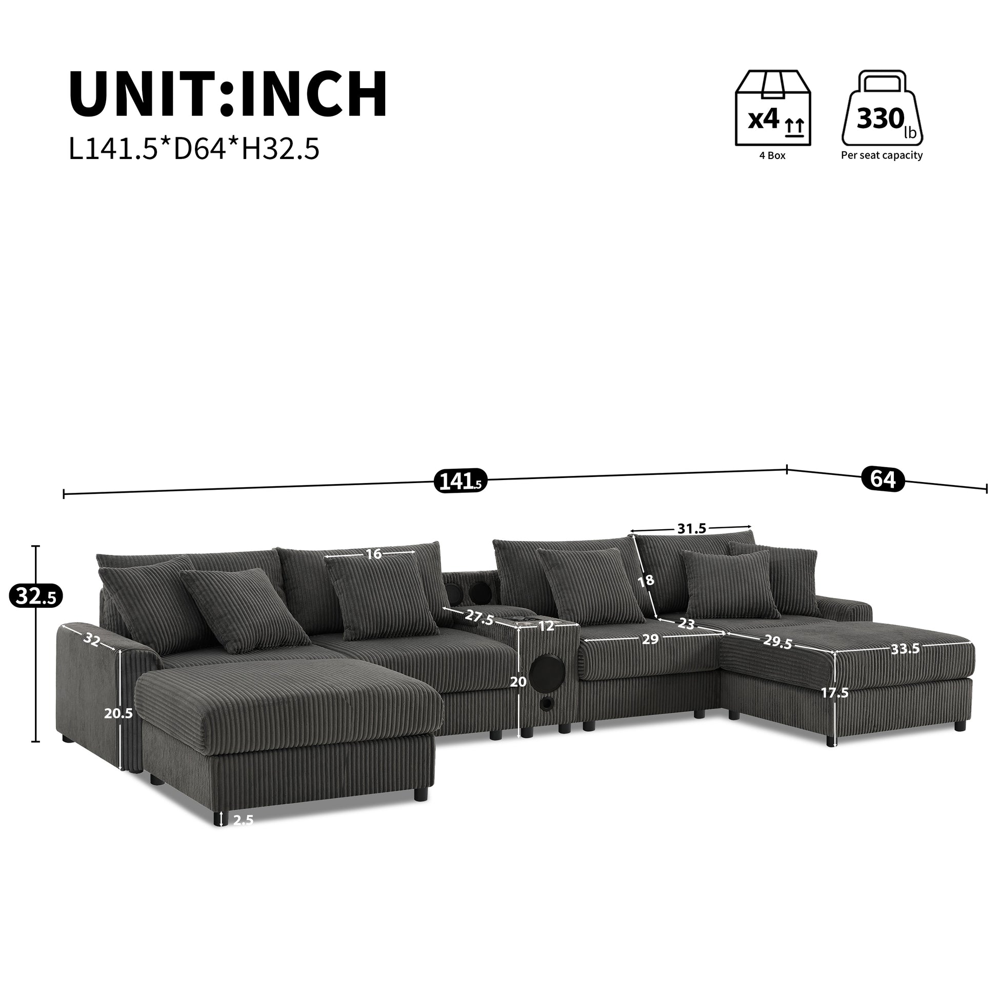 [VIDEO]141.5*64'' Corduroy Sectional Sofa with Bluetooth Speakers, U-Shaped Couch with Console, USB Charger, Cup Holders, Storage, Ottoman, Deep and Wide Seat Cloud Sofa for Living Room&Apartment image 2