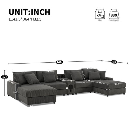 [VIDEO]141.5*64'' Corduroy Sectional Sofa with Bluetooth Speakers, U-Shaped Couch with Console, USB Charger, Cup Holders, Storage, Ottoman, Deep and Wide Seat Cloud Sofa for Living Room&Apartment image 2