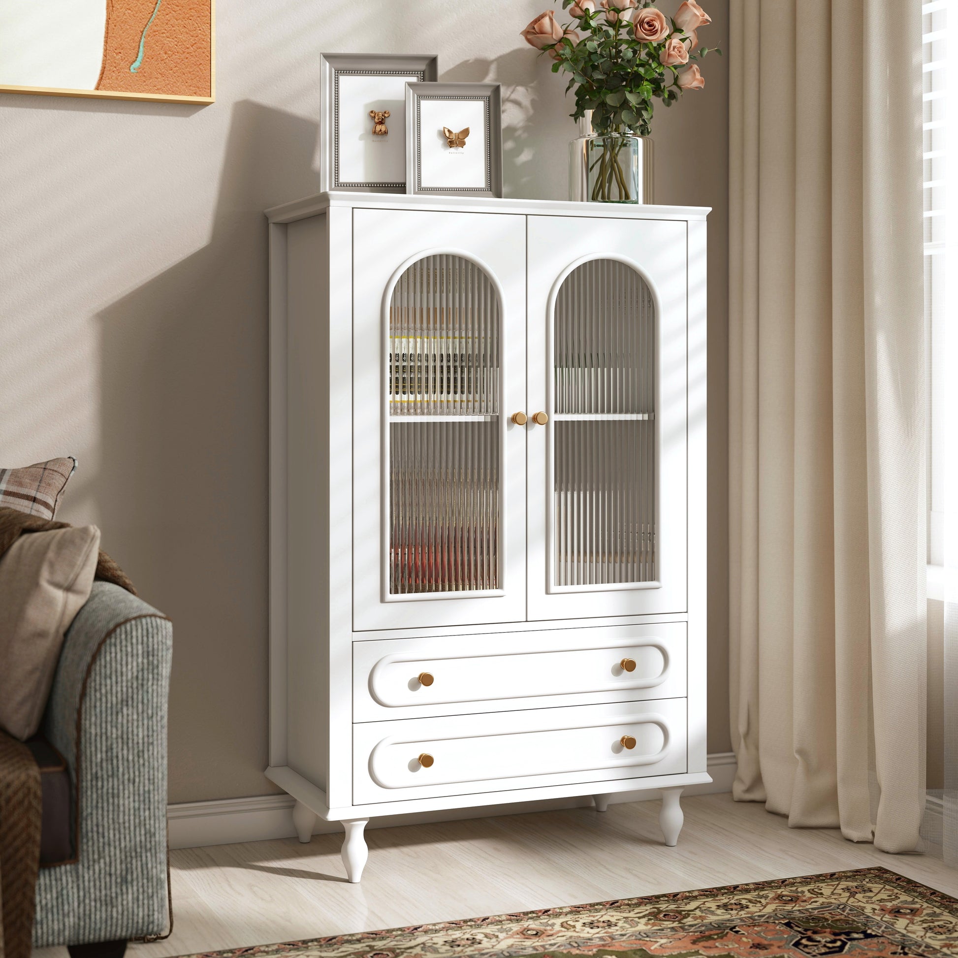 46.5'' Glass Display Cabinet with Ribbed Glass Doors,Wooden Curio Cabinet with 2 Drawers & Adjustable Shelf, Freestanding Buffet Cabinet Unit for Living Room Dining Room, White image 1