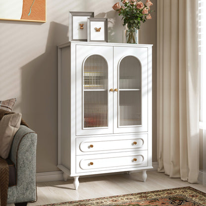 46.5'' Glass Display Cabinet with Ribbed Glass Doors,Wooden Curio Cabinet with 2 Drawers & Adjustable Shelf, Freestanding Buffet Cabinet Unit for Living Room Dining Room, White image 1