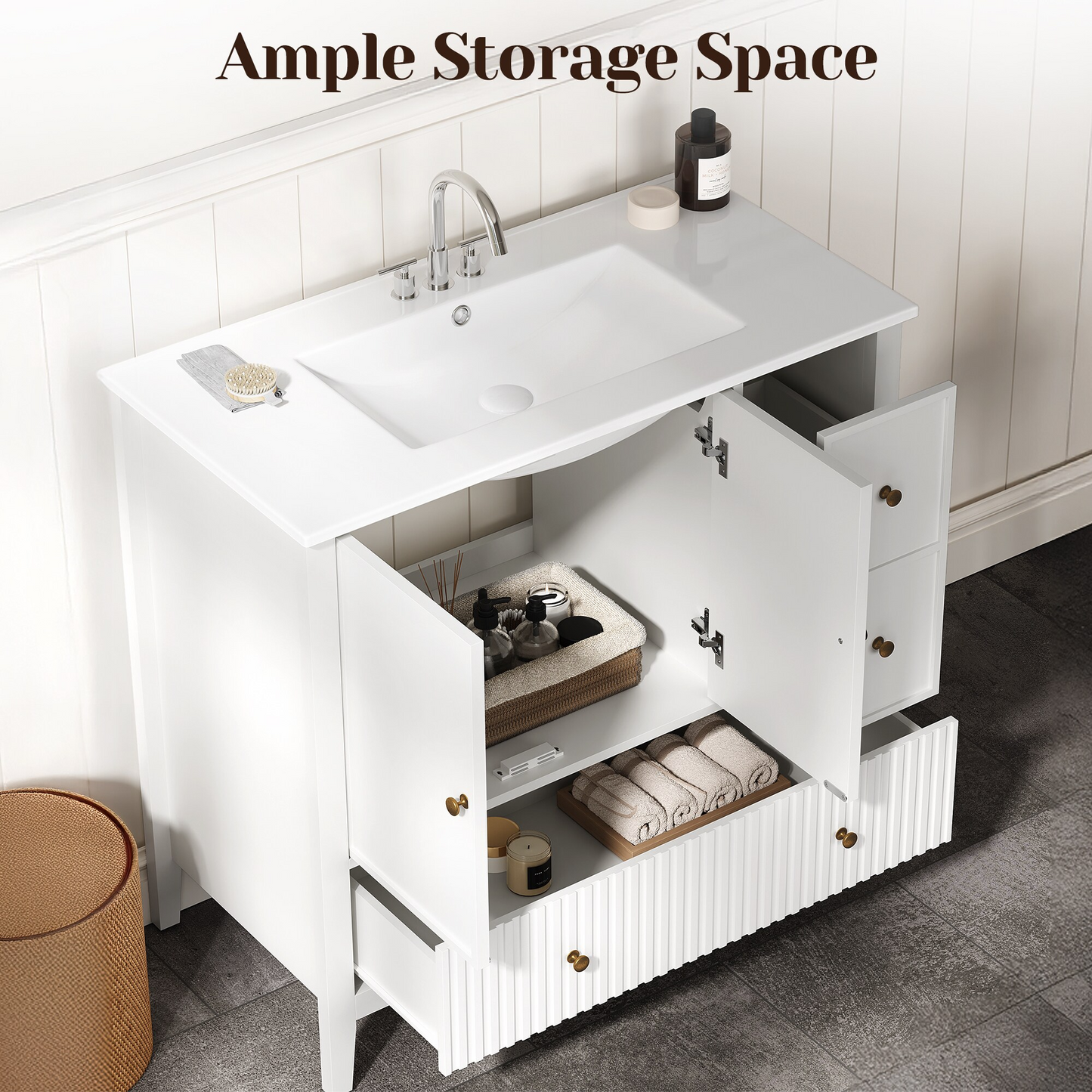 36'' Bathroom Vanity with Sink Set, Bathroom Storage Cabinet with Doors and Drawers, Modern Vanity Sink Cabinet with Painted Surface, White image 3