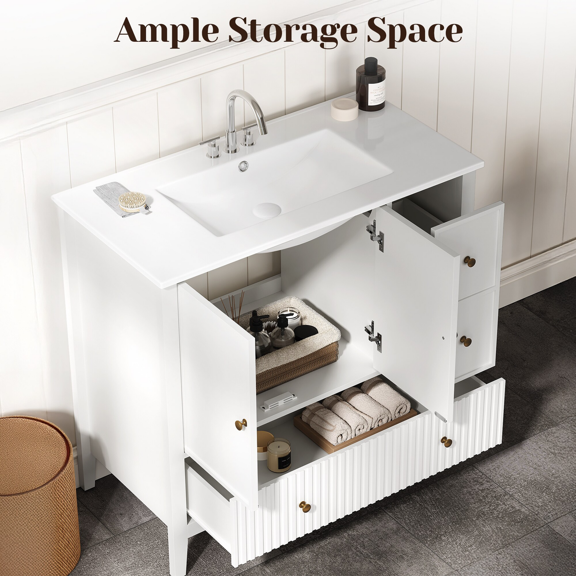36'' Bathroom Vanity with Sink Set, Bathroom Storage Cabinet with Doors and Drawers, Modern Vanity Sink Cabinet with Painted Surface, White image 3