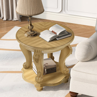 22'' Two Tone Round End Table,Solid Wood Sofa Side Table with Shelf,Living Room Corner Table Easy Assemble, Antique Natural image 1