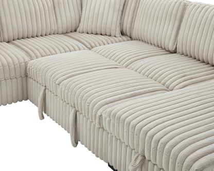 122 Inch Pull Out Couch, Rabbit plush Fabric Sofa Bed with USB Ports & Comfy Upholstered, Oversized U Shape Sectional Sleeper Sofa Bed with Storage Chaise, Khaki image 3