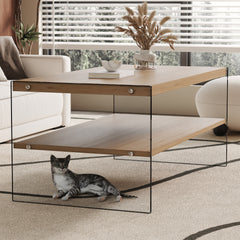 Double layered rectangular coffee table.The board is made of MDF with wooden stickers, with transparent tempered glass on both side.Suitable for various occasions such as living rooms and bedrooms.
