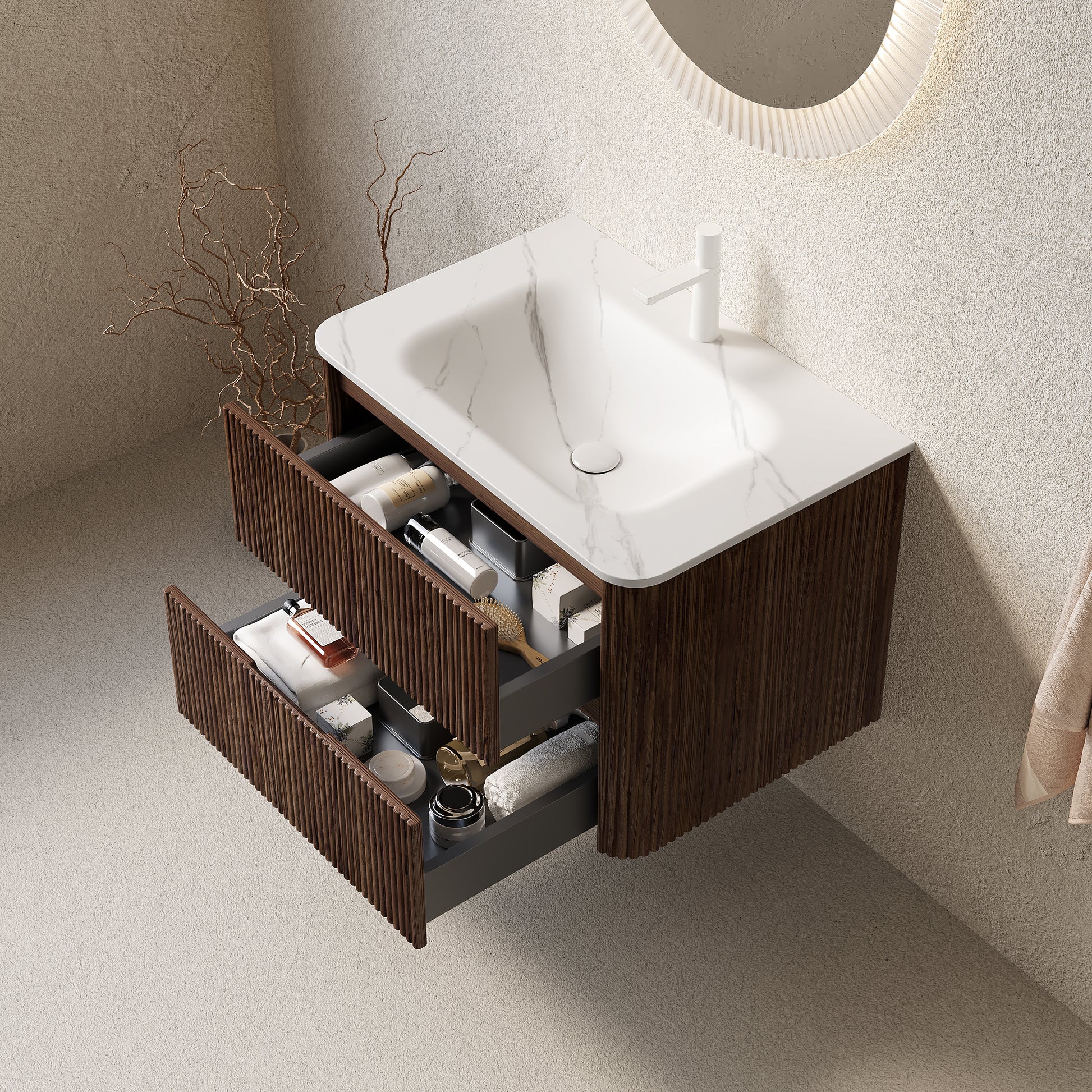 NOOR 30" Bathroom Vanity with Sink, Wall-Mounted Floating Plywood Bathroom Storage Cabinet with 2 Drawers, Carrara White Basin, NO Faucet, Pre-assembled, Retro Walnut Woodgrain Color image 2