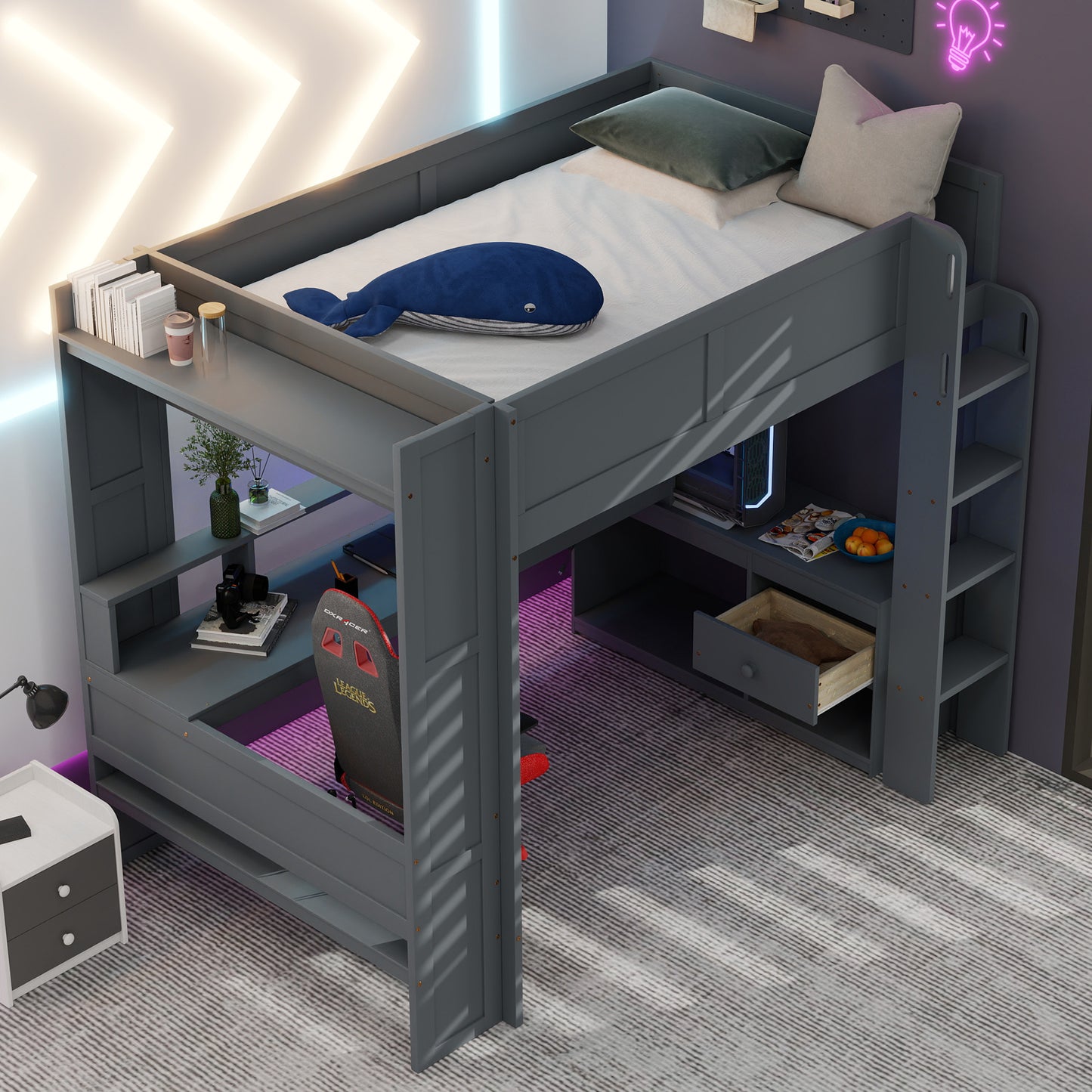 Wood Full Size Gaming Loft Bed with Desk, Multi-storage Shelves, LED and Charging Station, Dark Gray(Old SKU:SM000374AAE) image 3