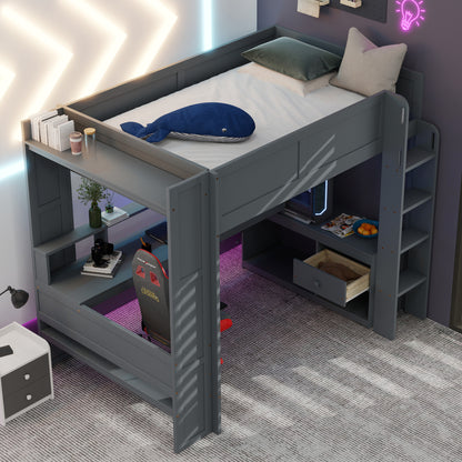 Wood Full Size Gaming Loft Bed with Desk, Multi-storage Shelves, LED and Charging Station, Dark Gray(Old SKU:SM000374AAE) image 3