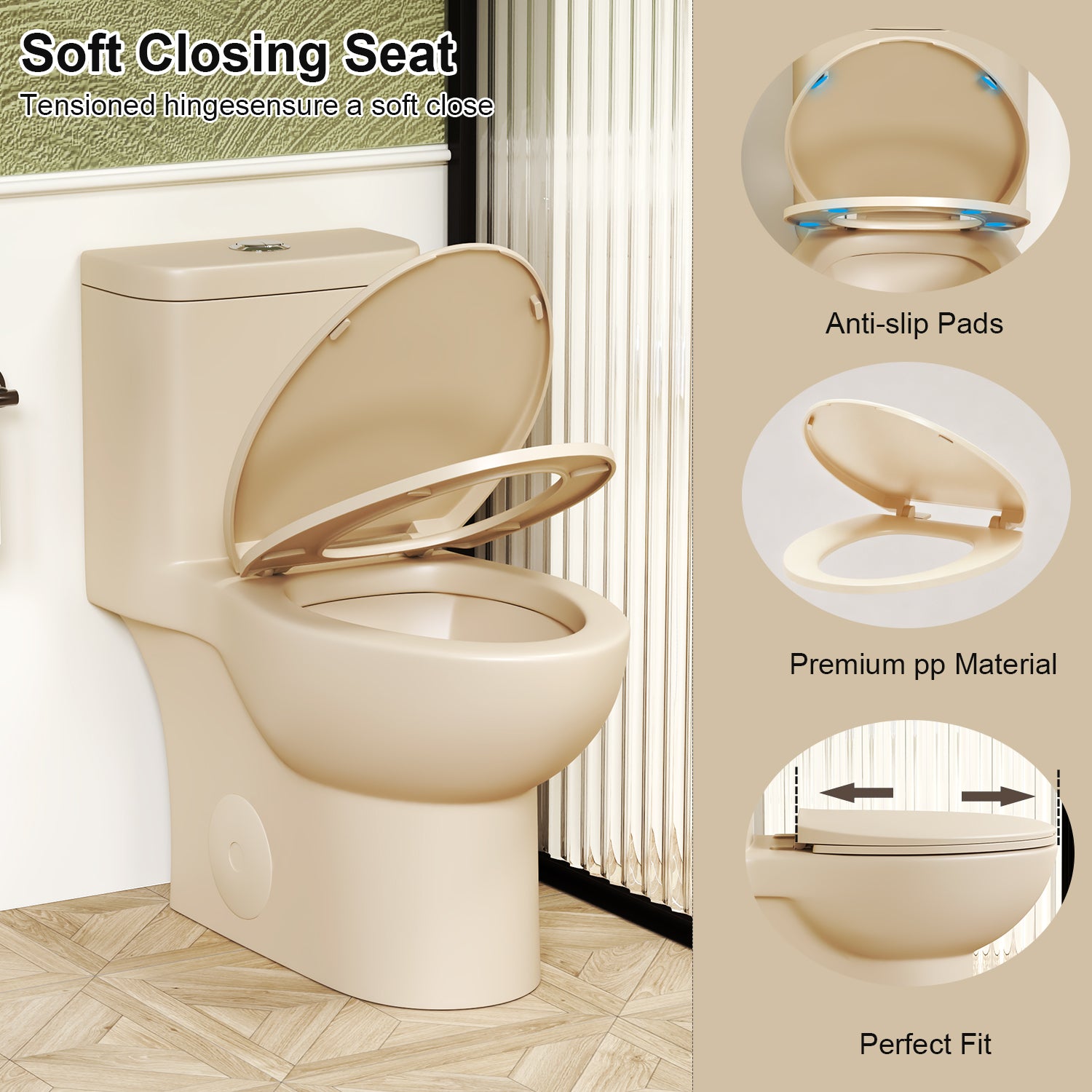 1.1/1.6 GPF Tornado Flush One-Piece Toilet with Comfort Chair Seat ADA Height 17",Powerful & Quiet Dual Flush Modern Toilet,Siphonic S-trap 12",Rimless Bowl with Soft Closing Seat, khaki
2KK-006 image 3