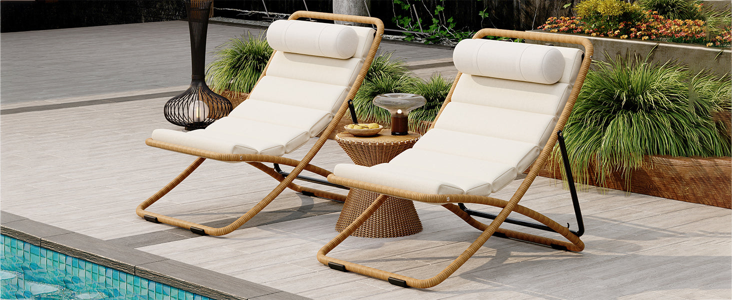 TREXM 2-Pieces Outdoor Folding Chair, Rattan-Wrapped Patio Chair with Adjustable Backrest, Thick Cushion, and Detachable Headrest,for the Poolside, Beach, Backyard, Decck, and Camping (Yellow) image 5