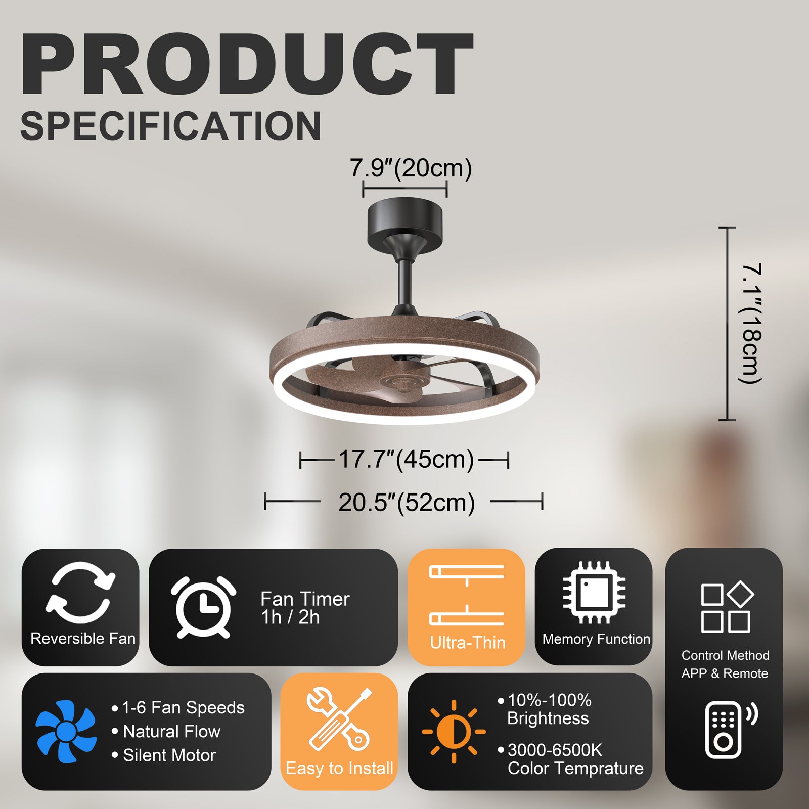 20.5" Rustic Brown Ceiling Fans with Lights Remote & APP Control, Downrod Mount Dimmable LED Fandelier, 6 Speeds Quiet DC Motor, Modern Ceiling Fan for Bedroom Living Room image 8