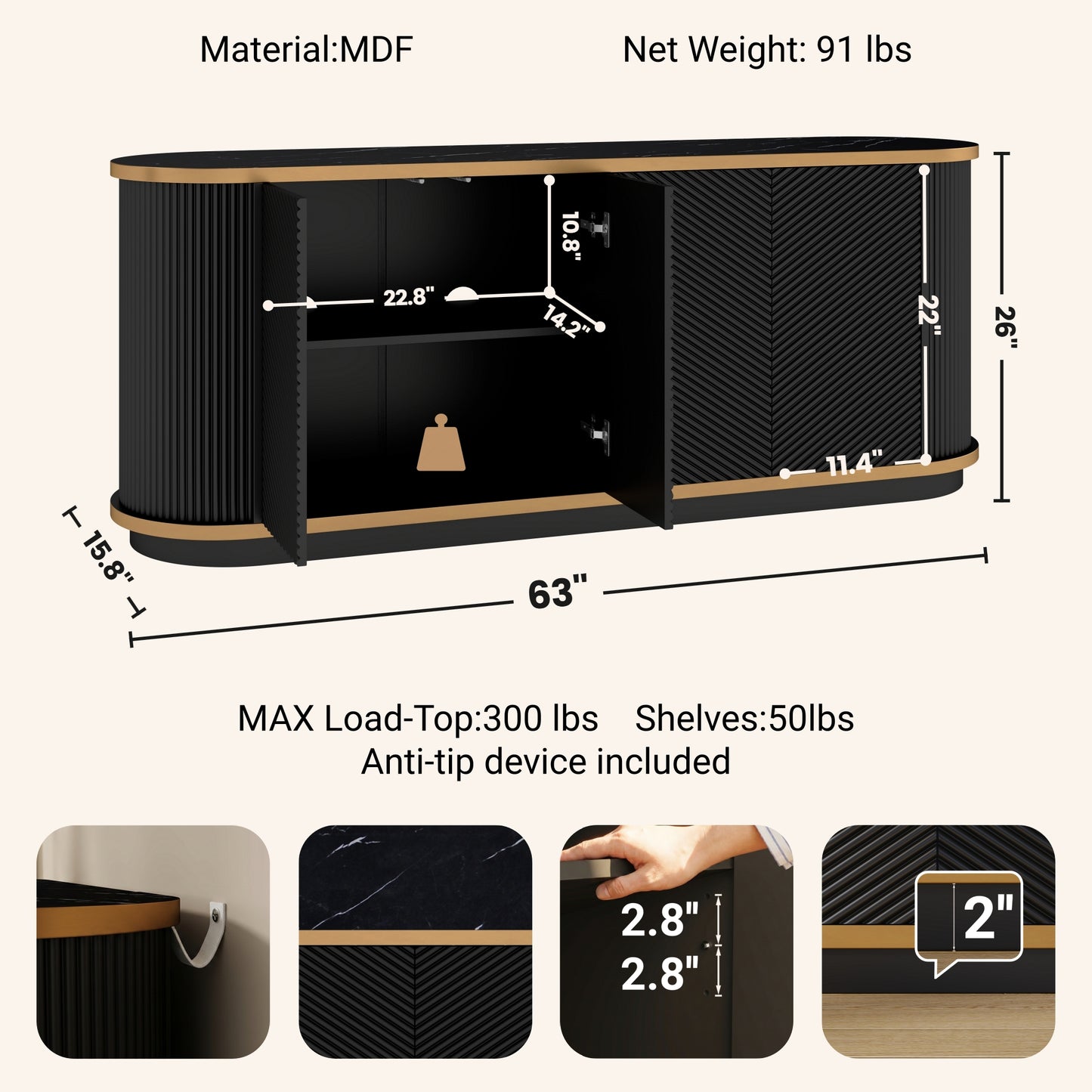 63" Diagonal Fluted Sideboard Cabinet with Storage, 4-Door Buffet Credenza TV Stand with Gold Trim, Black Faux Marble-Top Console Table, Modern Storage Cabinet for Dining Room, Living Room, Black image 6