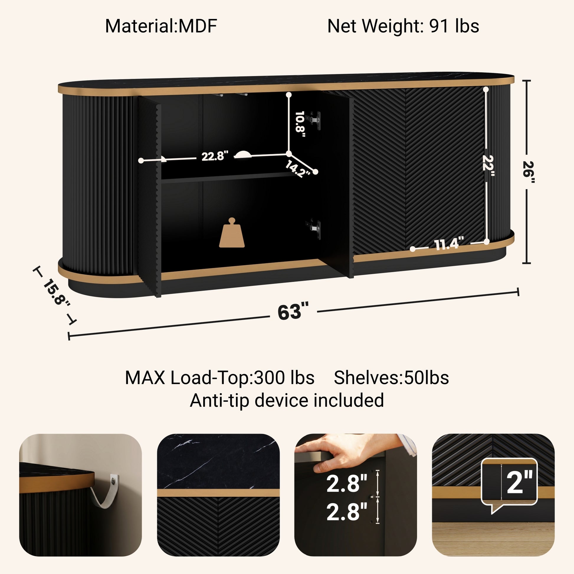 63" Diagonal Fluted Sideboard Cabinet with Storage, 4-Door Buffet Credenza TV Stand with Gold Trim, Black Faux Marble-Top Console Table, Modern Storage Cabinet for Dining Room, Living Room, Black image 6