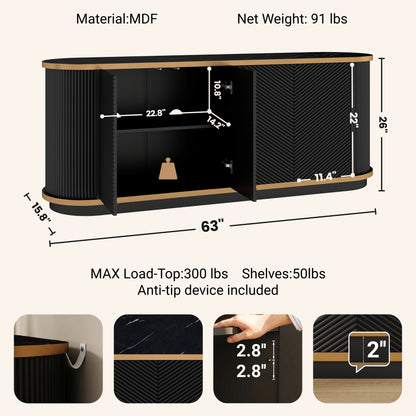63" Diagonal Fluted Sideboard Cabinet with Storage, 4-Door Buffet Credenza TV Stand with Gold Trim, Black Faux Marble-Top Console Table, Modern Storage Cabinet for Dining Room, Living Room, Black image 6