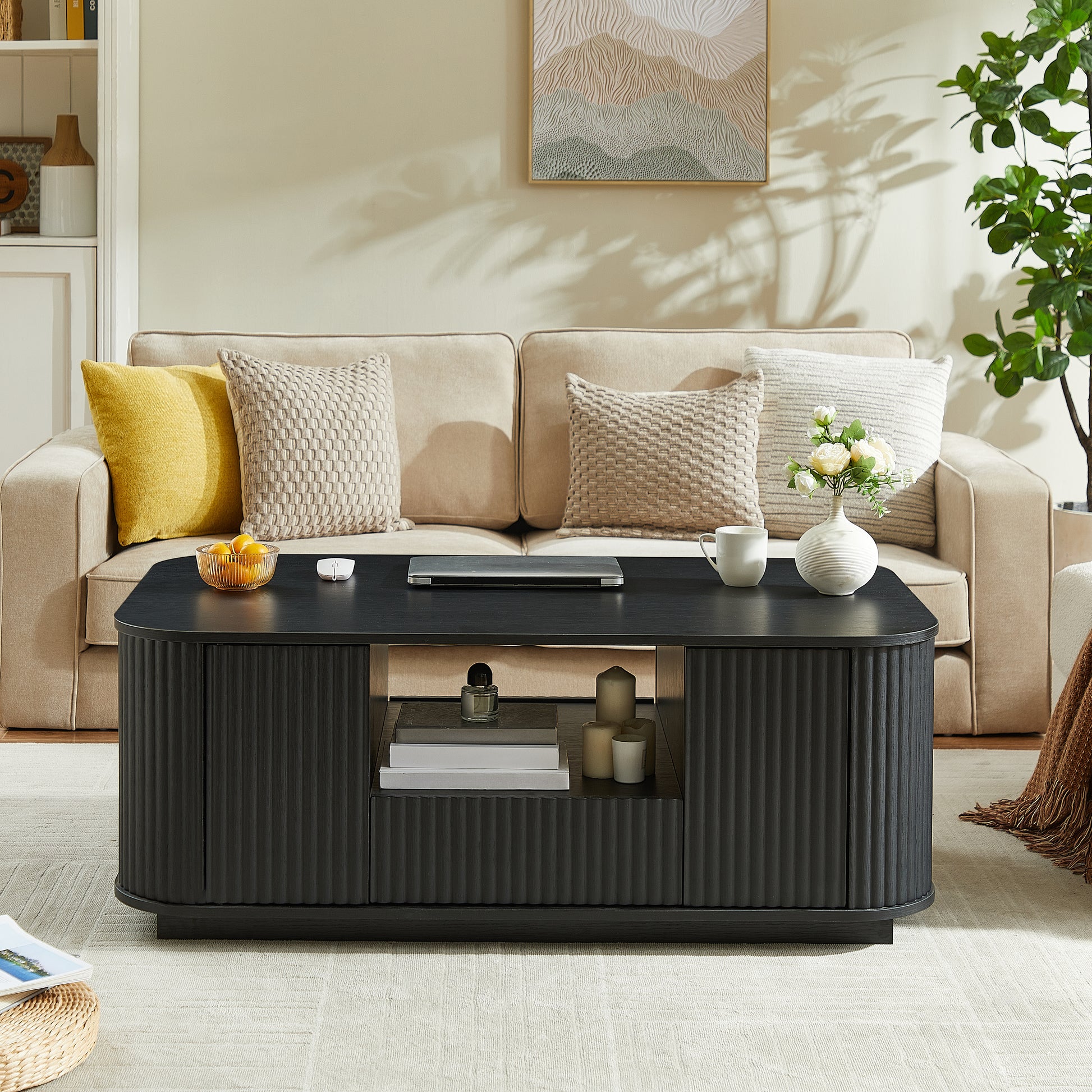 46.5"modern luxury oval coffee table with drawers and storage compartments, curved contour design, living room center coffee table, suitable for living rooms and offices, Black, 46.5"L*27.2"W*17.7"H image 3
