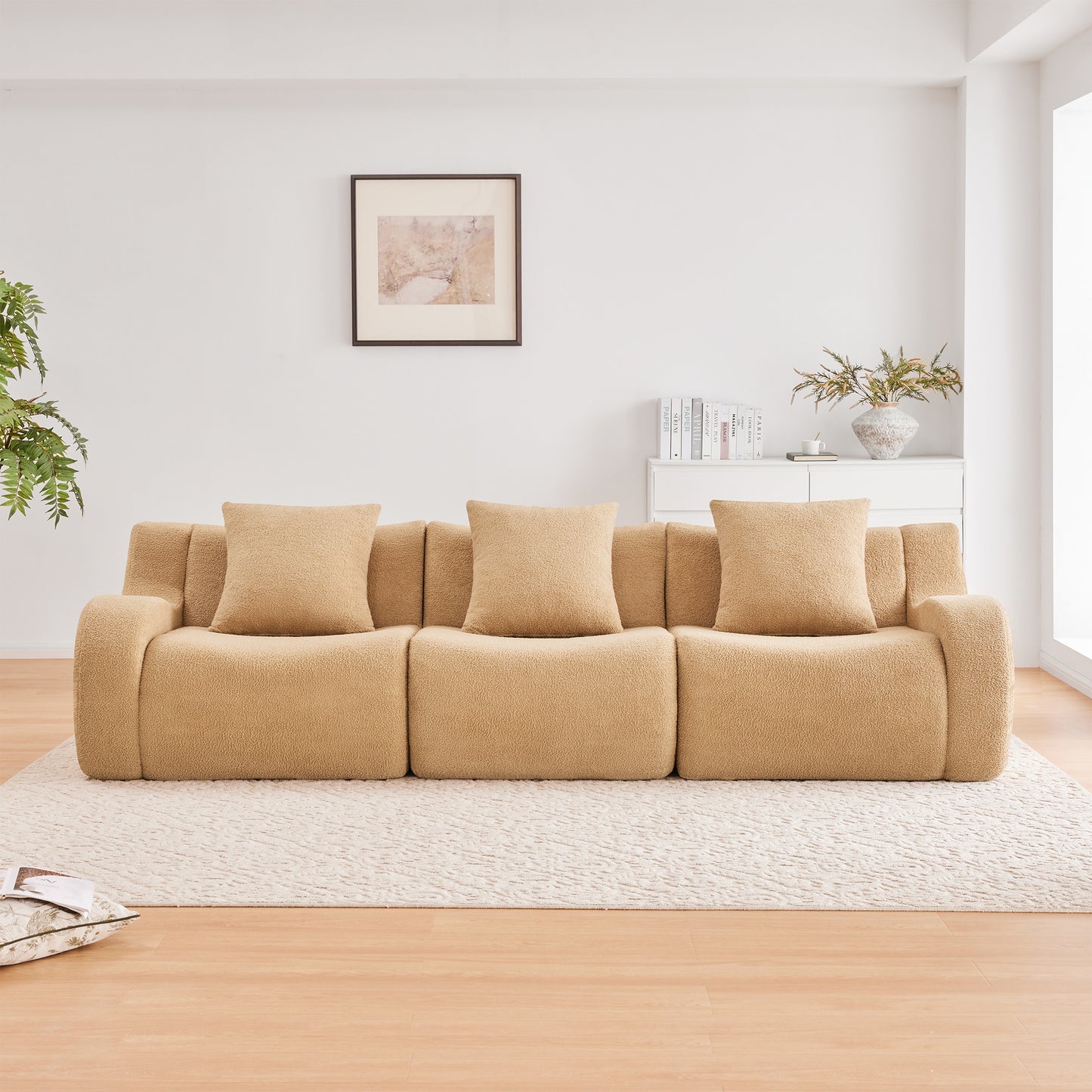 Boneless Sofa,3 Seat High-Quality Teddy Fabric,Anti-Slip Design,No Assembly Curved Armrests Streamlined Design,32D High Density Sponge For Living Rooms Bedrooms Reading Nook,Camel image 3