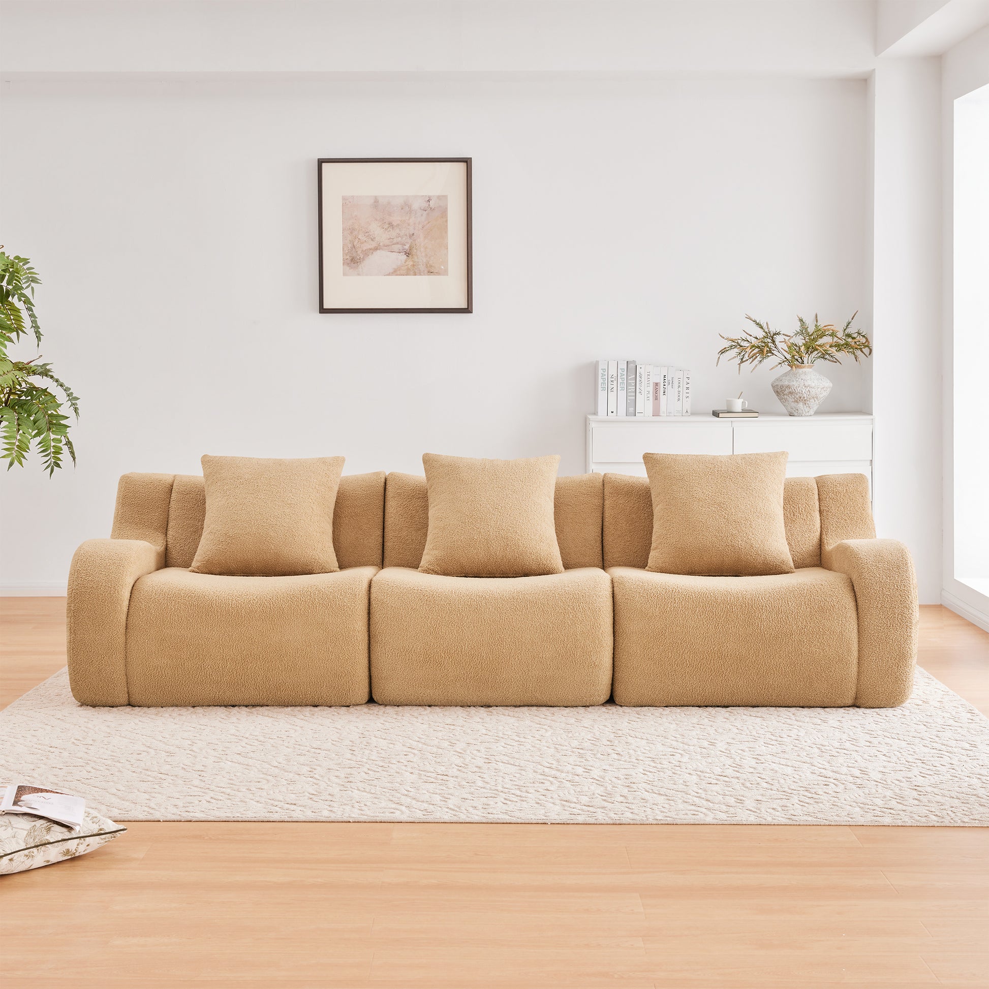 Boneless Sofa,3 Seat High-Quality Teddy Fabric,Anti-Slip Design,No Assembly Curved Armrests Streamlined Design,32D High Density Sponge For Living Rooms Bedrooms Reading Nook,Camel image 3