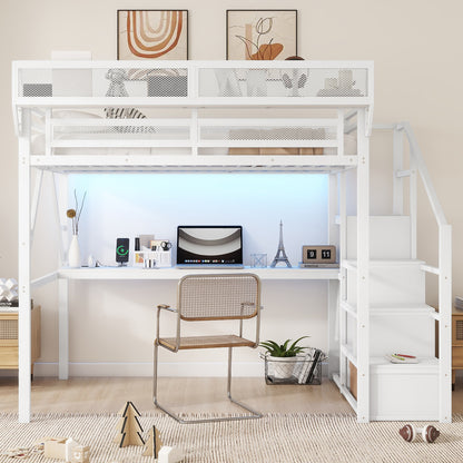 Full Loft Bed with Desk and Charging Station, Full Size Metal Loft Bed with Stairs and Light for Kids Teens,White(Expect Arrival Date 2026/3/7) image 1