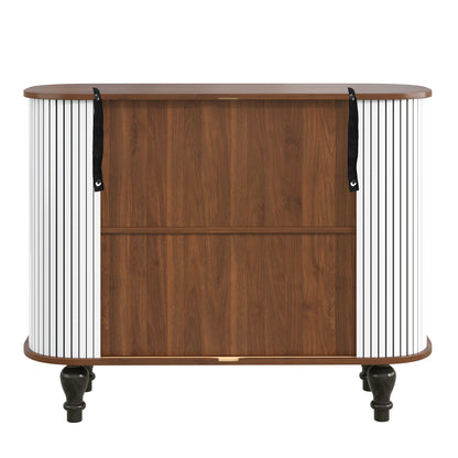 39" Fluted Liquor & Coffee Bar Cabinet with 6 Wine Racks and 3 Glass Holders, Mid-Century Modern Bar Cabinet with A Large Storage Drawer,4 Hidden Storage Space on the Side, White image 5